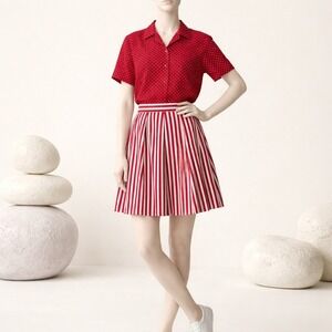 Vtg ESPIRIT Red White Polka Dot Shirt Striped Mini‎ Skirt Set New Y2K 90s Retro